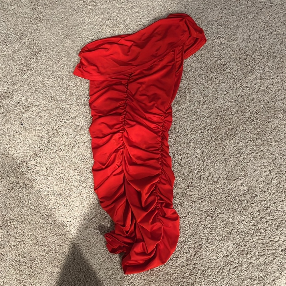 SHEIN Vibrant Red 1arm ruched mini Dress